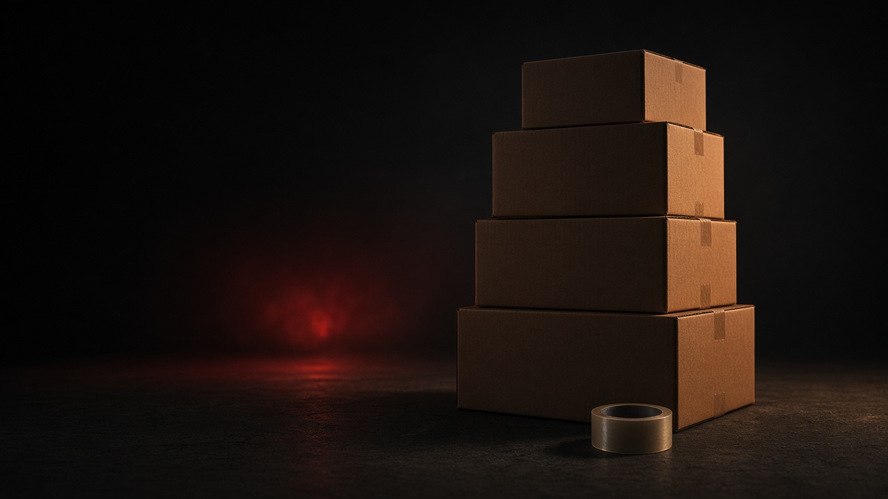 A stack of plain shipping cartons and a roll of packing tape on a dark warehouse floor.
