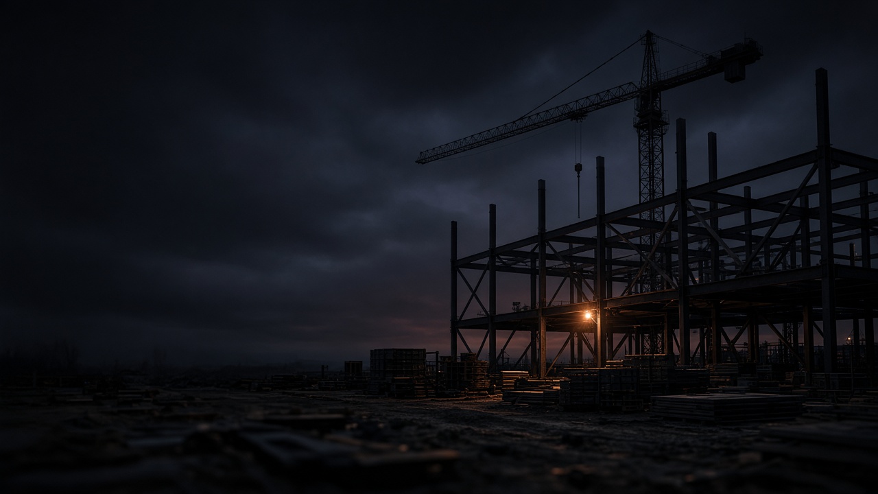 A construction site at first light: a partly built steel frame and a crane against a dark sky.