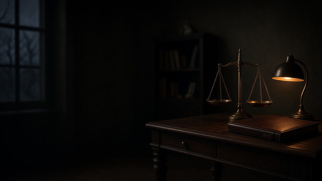 A small law office before dawn: a brass balance scale and a closed case file on a wooden desk, lit by a single lamp.