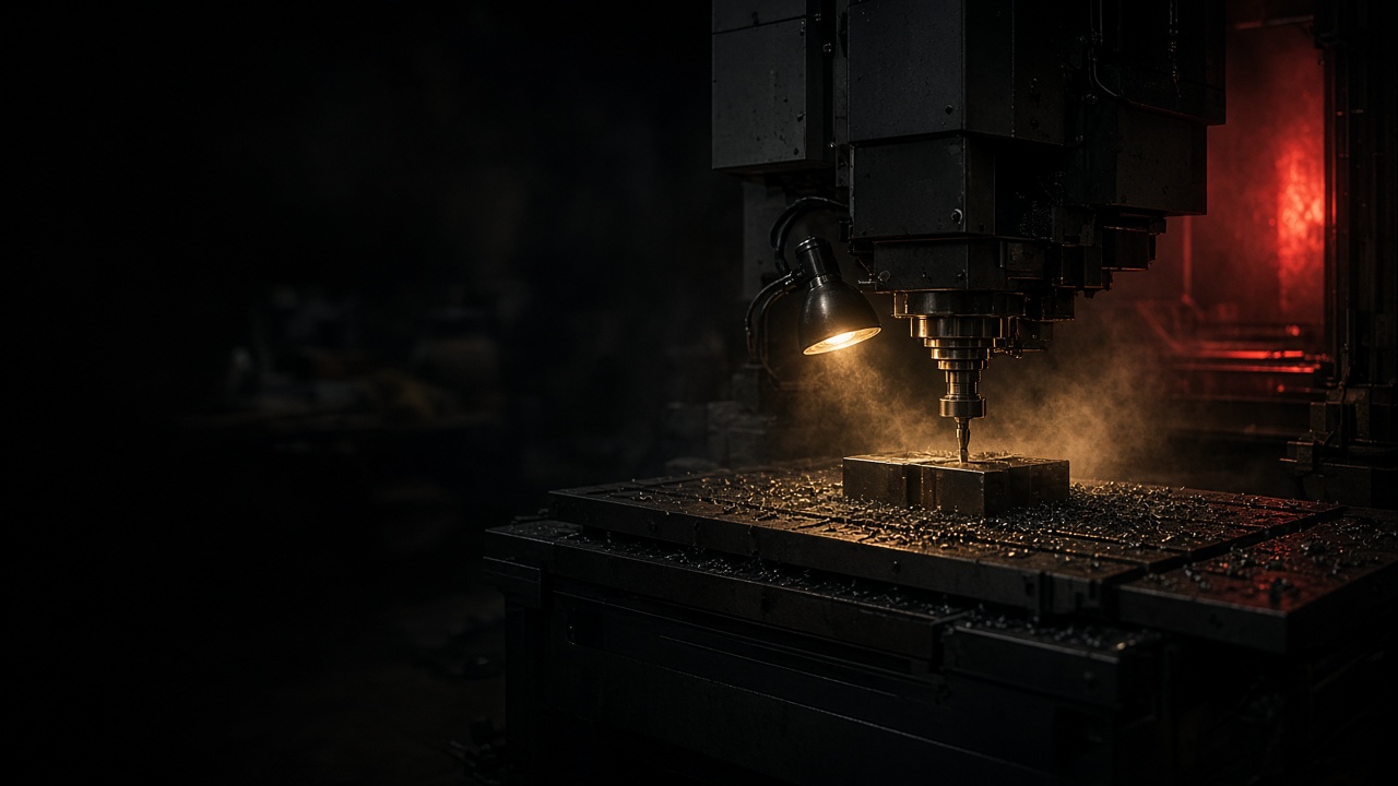 A CNC machine cutting in a dark shop, chips on the bed under a single task lamp.