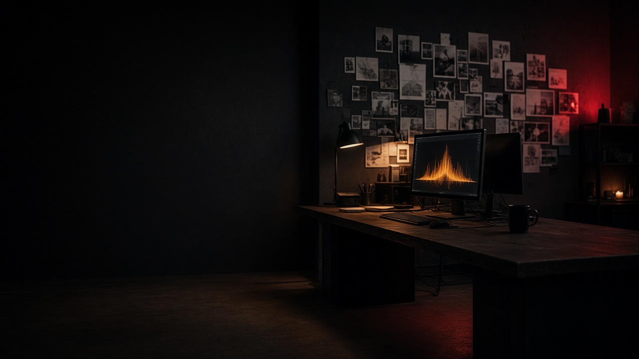 An empty agency studio at night, one monitor glowing with a chart above a wall of pinned work.