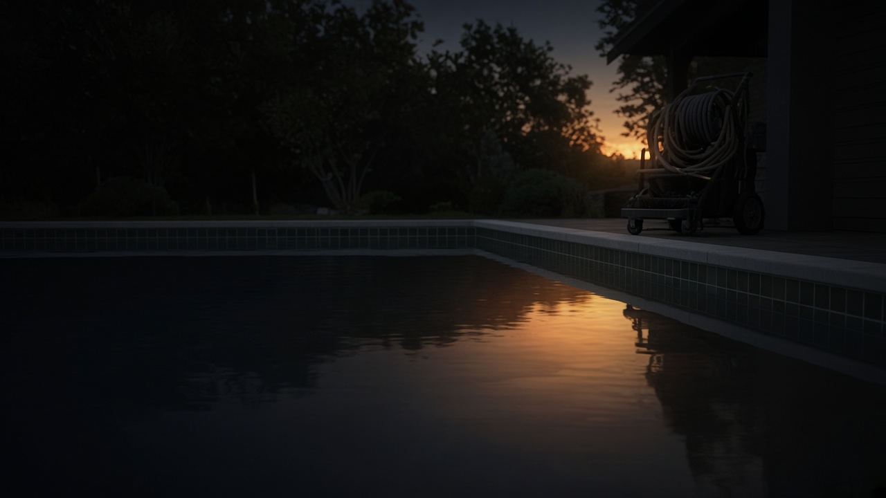A swimming pool at first light, the water still, a service cart with a coiled hose on the deck.