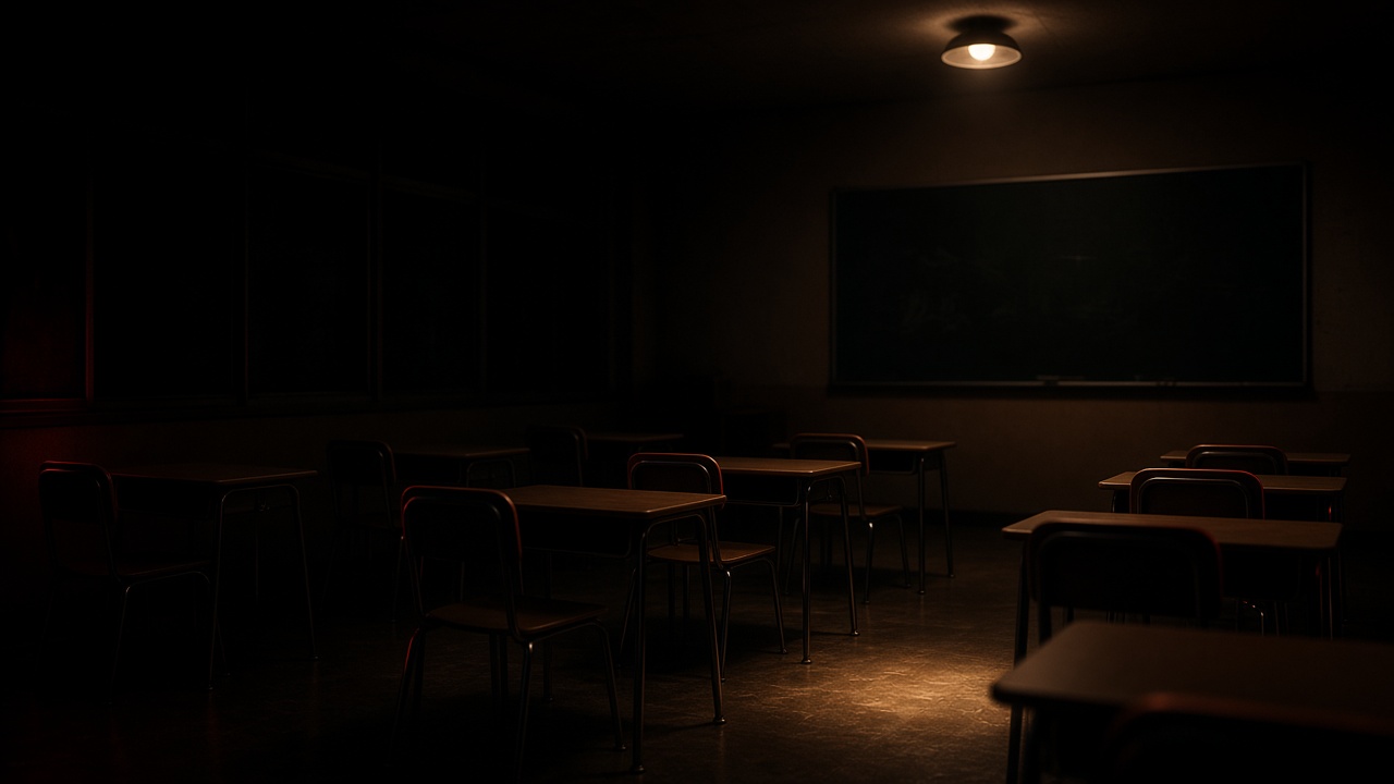 An empty classroom before the first bell, desks in rows under one overhead light.