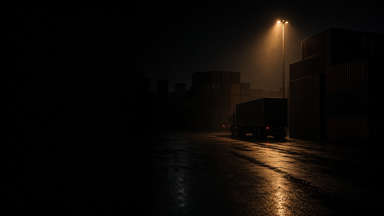 A freight yard at night: stacked containers and a trailer under one mast light on wet asphalt.