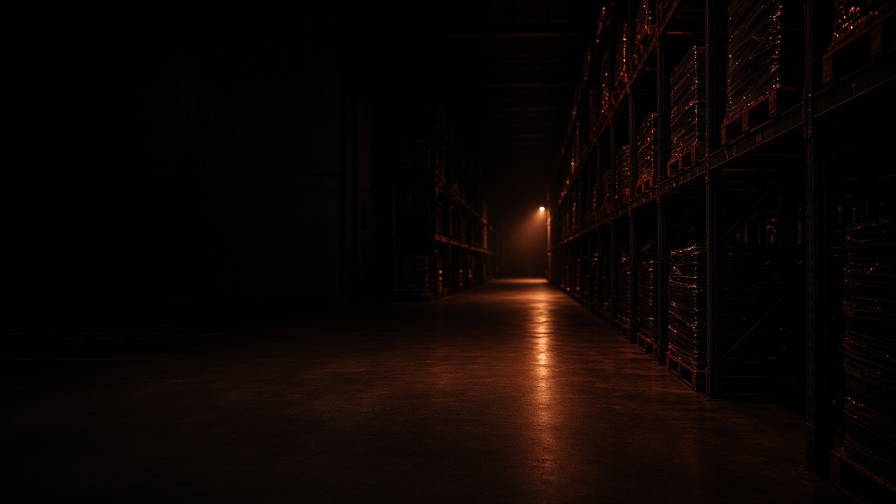 A warehouse aisle at night, pallet racking receding into the dark with one light far down the row.