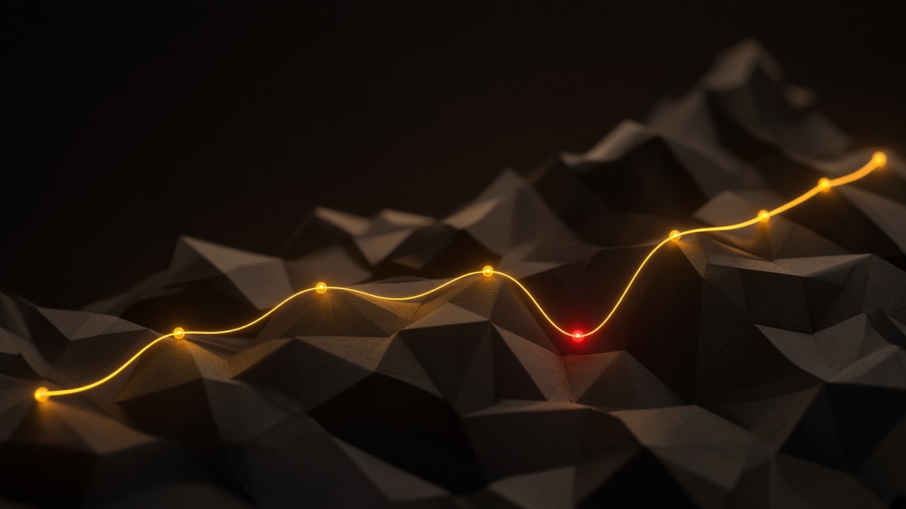 A rising luminous line across a dark faceted landscape, one dip highlighted in gold