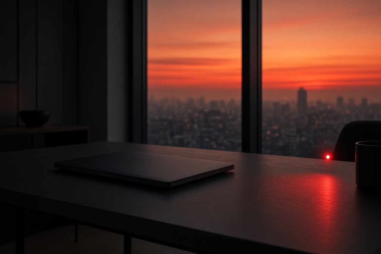 An empty office before opening, one desk lamp lit — the repeated work already done